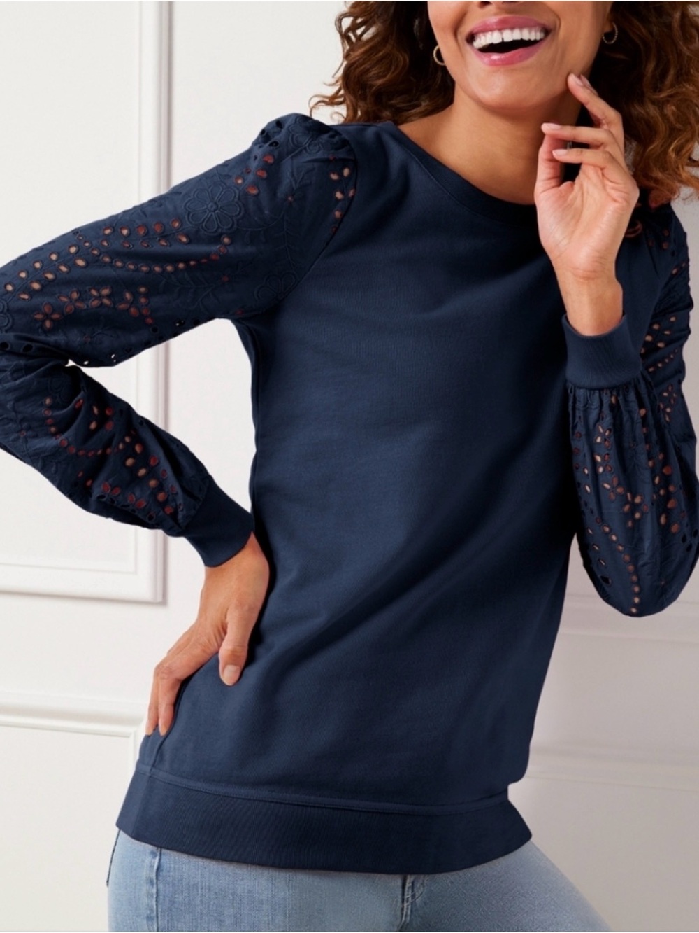 Talbots Navy Blue Embroidered Eyelet Sleeve Crewneck Cotton Sweatshirt - Small